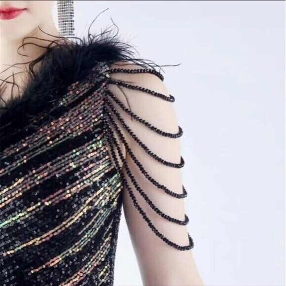 Black, One Shoulder Beaded, Gradient ,  Feather Neckline,  Sequined Mermaid Gown - Picture 4 of 16